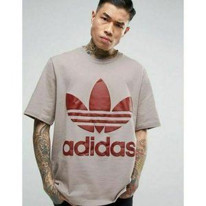 Adidas Mens Brown Tan with Red Trefoil Emblem Spellout Short Sleeve Shirt Sz XL